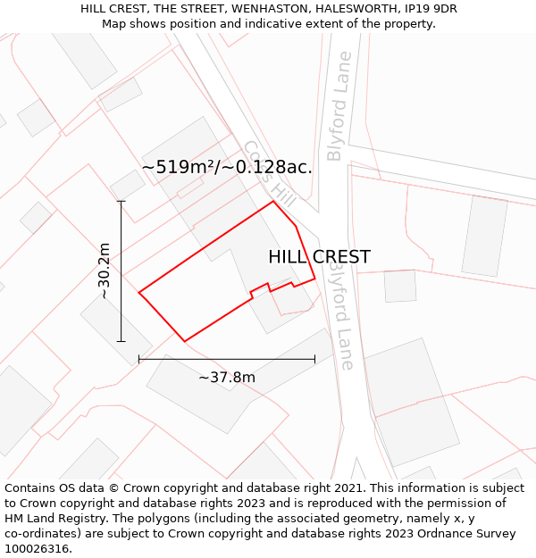 HILL CREST, THE STREET, WENHASTON, HALESWORTH, IP19 9DR: Plot and title map