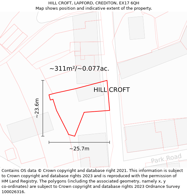 HILL CROFT, LAPFORD, CREDITON, EX17 6QH: Plot and title map