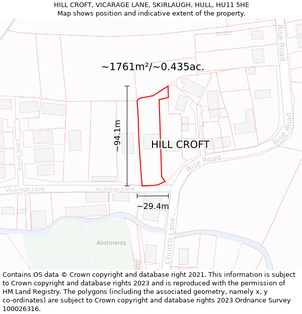 HILL CROFT, VICARAGE LANE, SKIRLAUGH, HULL, HU11 5HE: Plot and title map