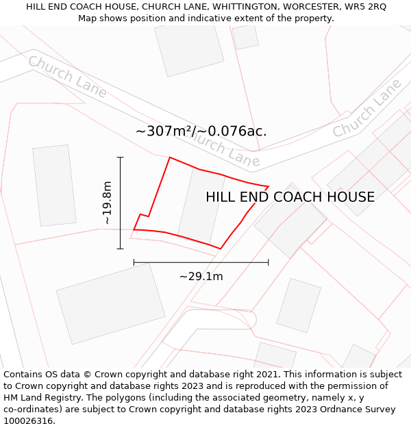 HILL END COACH HOUSE, CHURCH LANE, WHITTINGTON, WORCESTER, WR5 2RQ: Plot and title map