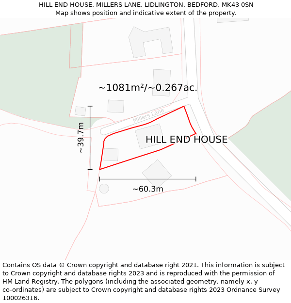 HILL END HOUSE, MILLERS LANE, LIDLINGTON, BEDFORD, MK43 0SN: Plot and title map