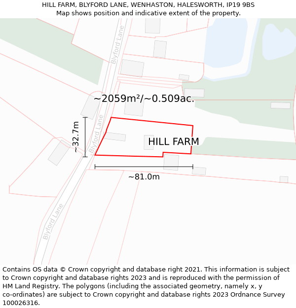 HILL FARM, BLYFORD LANE, WENHASTON, HALESWORTH, IP19 9BS: Plot and title map