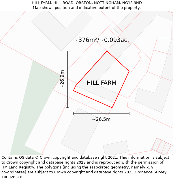 HILL FARM, HILL ROAD, ORSTON, NOTTINGHAM, NG13 9ND: Plot and title map