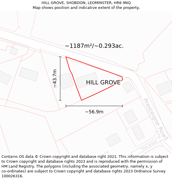 HILL GROVE, SHOBDON, LEOMINSTER, HR6 9NQ: Plot and title map
