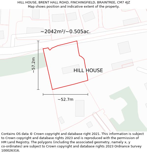 HILL HOUSE, BRENT HALL ROAD, FINCHINGFIELD, BRAINTREE, CM7 4JZ: Plot and title map