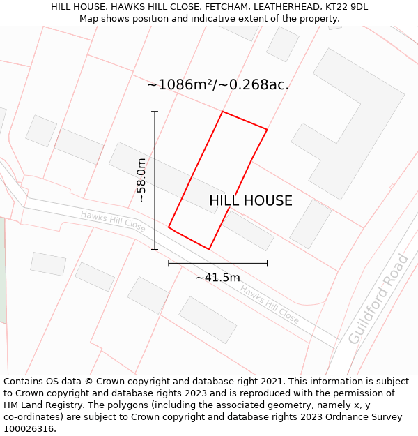 HILL HOUSE, HAWKS HILL CLOSE, FETCHAM, LEATHERHEAD, KT22 9DL: Plot and title map