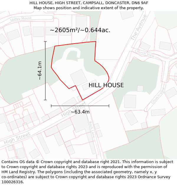 HILL HOUSE, HIGH STREET, CAMPSALL, DONCASTER, DN6 9AF: Plot and title map