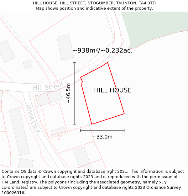 HILL HOUSE, HILL STREET, STOGUMBER, TAUNTON, TA4 3TD: Plot and title map