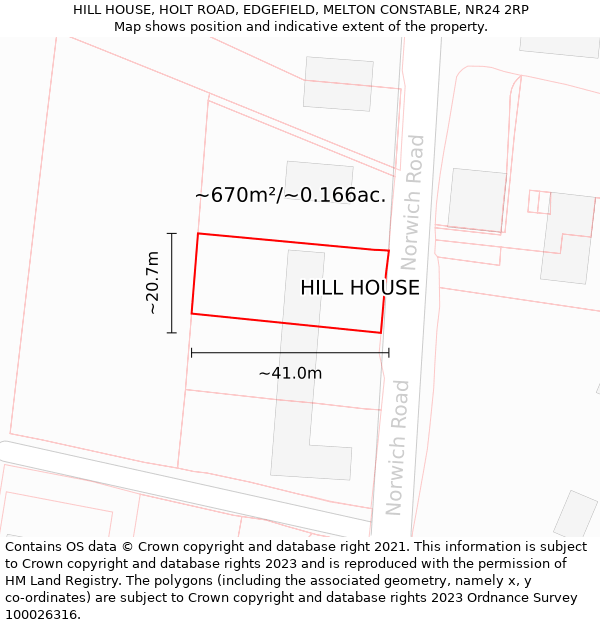 HILL HOUSE, HOLT ROAD, EDGEFIELD, MELTON CONSTABLE, NR24 2RP: Plot and title map