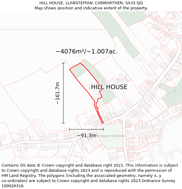 HILL HOUSE, LLANSTEFFAN, CARMARTHEN, SA33 5JG: Plot and title map