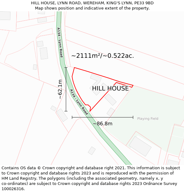 HILL HOUSE, LYNN ROAD, WEREHAM, KING'S LYNN, PE33 9BD: Plot and title map