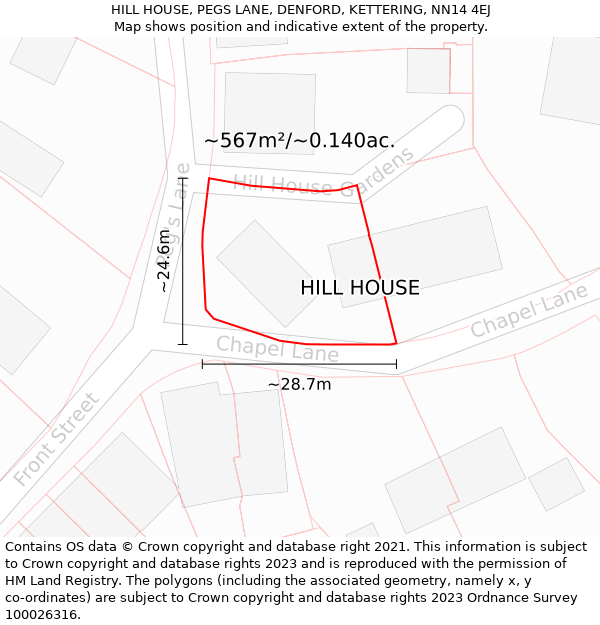 HILL HOUSE, PEGS LANE, DENFORD, KETTERING, NN14 4EJ: Plot and title map