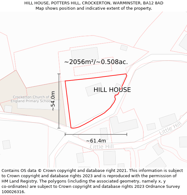 HILL HOUSE, POTTERS HILL, CROCKERTON, WARMINSTER, BA12 8AD: Plot and title map