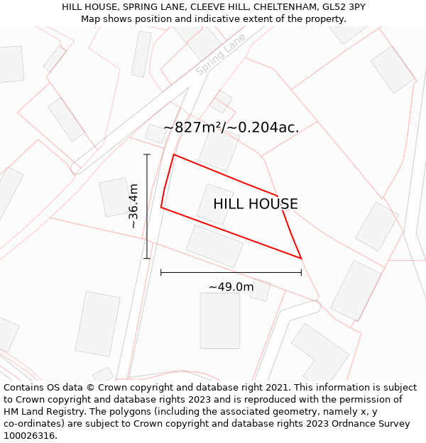 HILL HOUSE, SPRING LANE, CLEEVE HILL, CHELTENHAM, GL52 3PY: Plot and title map