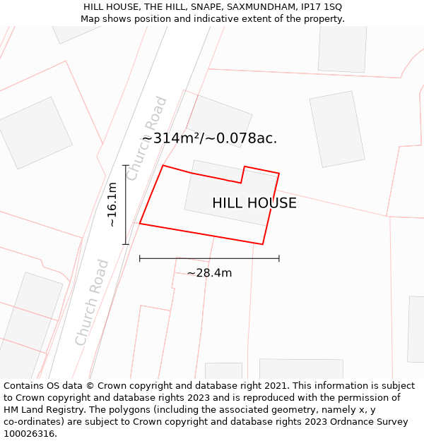 HILL HOUSE, THE HILL, SNAPE, SAXMUNDHAM, IP17 1SQ: Plot and title map