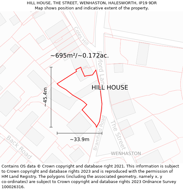 HILL HOUSE, THE STREET, WENHASTON, HALESWORTH, IP19 9DR: Plot and title map