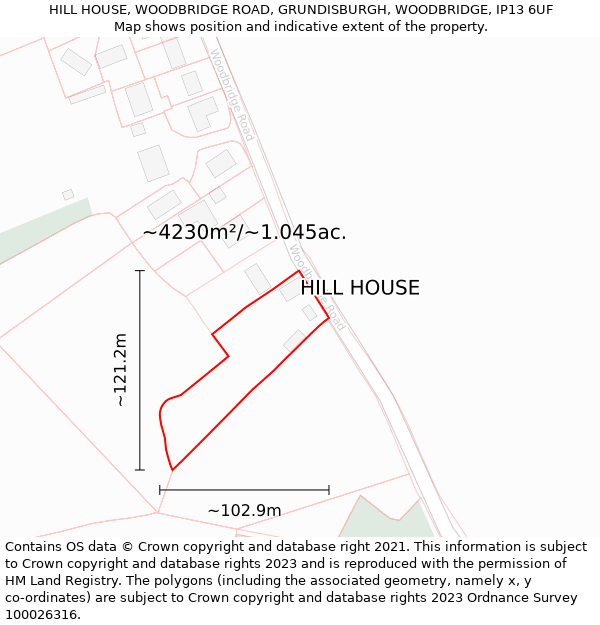 HILL HOUSE, WOODBRIDGE ROAD, GRUNDISBURGH, WOODBRIDGE, IP13 6UF: Plot and title map
