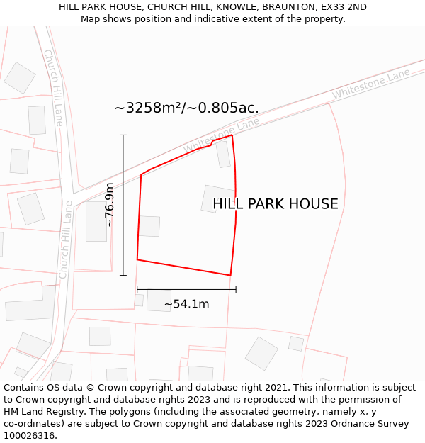 HILL PARK HOUSE, CHURCH HILL, KNOWLE, BRAUNTON, EX33 2ND: Plot and title map