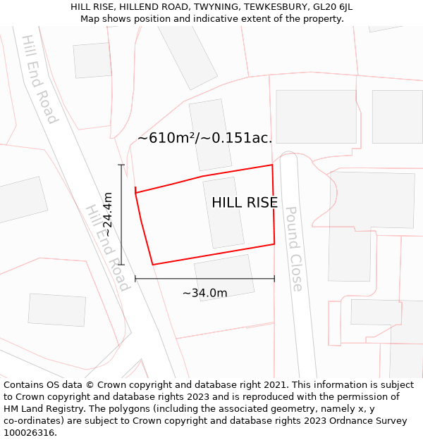 HILL RISE, HILLEND ROAD, TWYNING, TEWKESBURY, GL20 6JL: Plot and title map