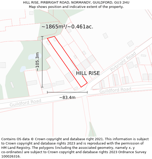 HILL RISE, PIRBRIGHT ROAD, NORMANDY, GUILDFORD, GU3 2HU: Plot and title map