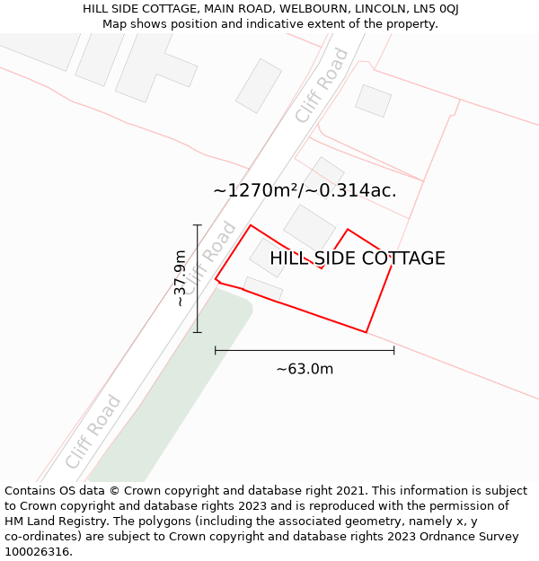 HILL SIDE COTTAGE, MAIN ROAD, WELBOURN, LINCOLN, LN5 0QJ: Plot and title map