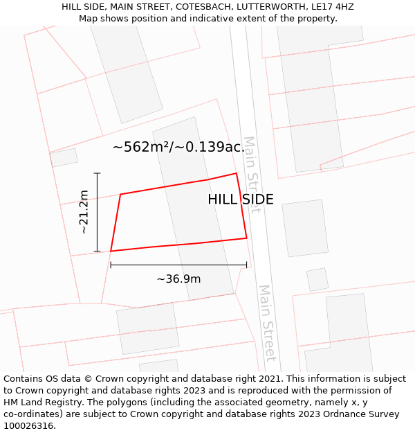 HILL SIDE, MAIN STREET, COTESBACH, LUTTERWORTH, LE17 4HZ: Plot and title map