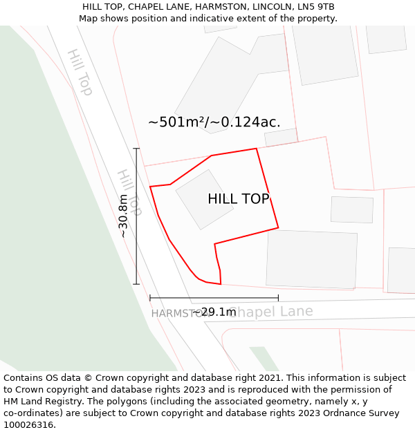 HILL TOP, CHAPEL LANE, HARMSTON, LINCOLN, LN5 9TB: Plot and title map