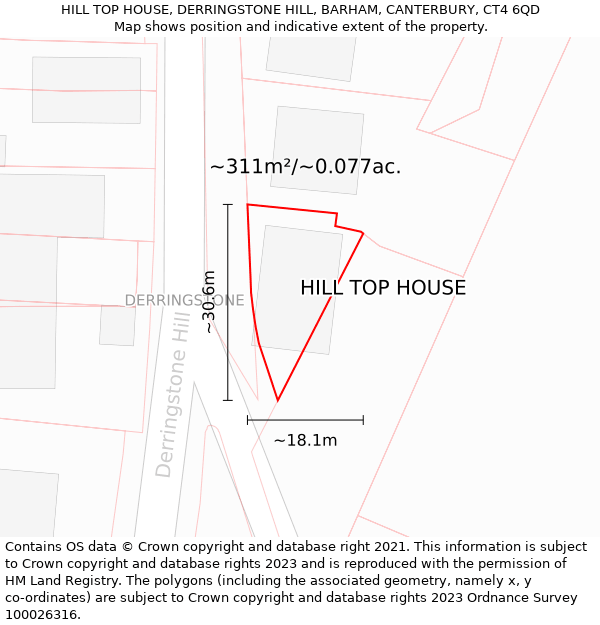 HILL TOP HOUSE, DERRINGSTONE HILL, BARHAM, CANTERBURY, CT4 6QD: Plot and title map