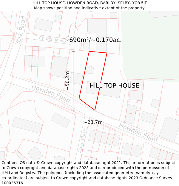 HILL TOP HOUSE, HOWDEN ROAD, BARLBY, SELBY, YO8 5JE: Plot and title map