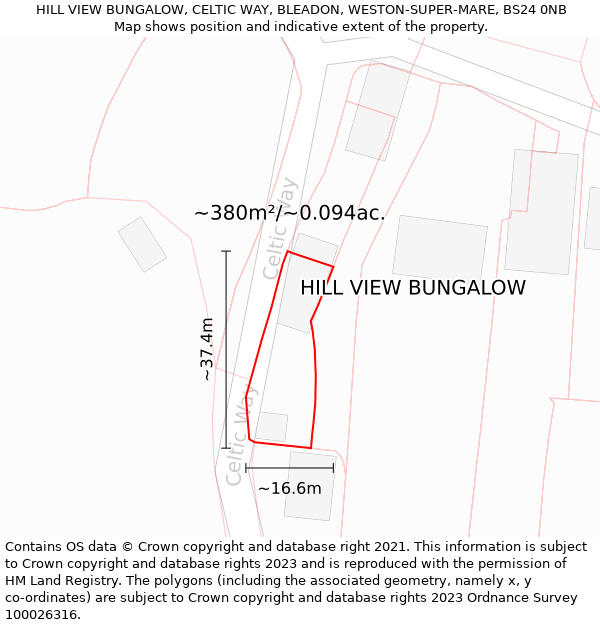 HILL VIEW BUNGALOW, CELTIC WAY, BLEADON, WESTON-SUPER-MARE, BS24 0NB: Plot and title map