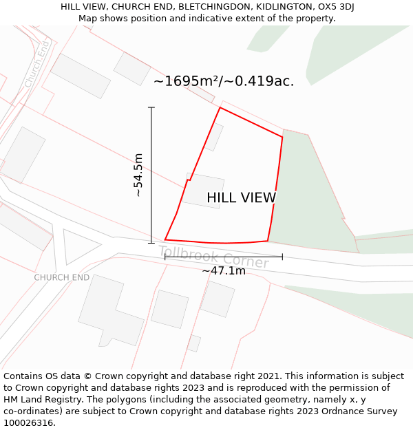 HILL VIEW, CHURCH END, BLETCHINGDON, KIDLINGTON, OX5 3DJ: Plot and title map