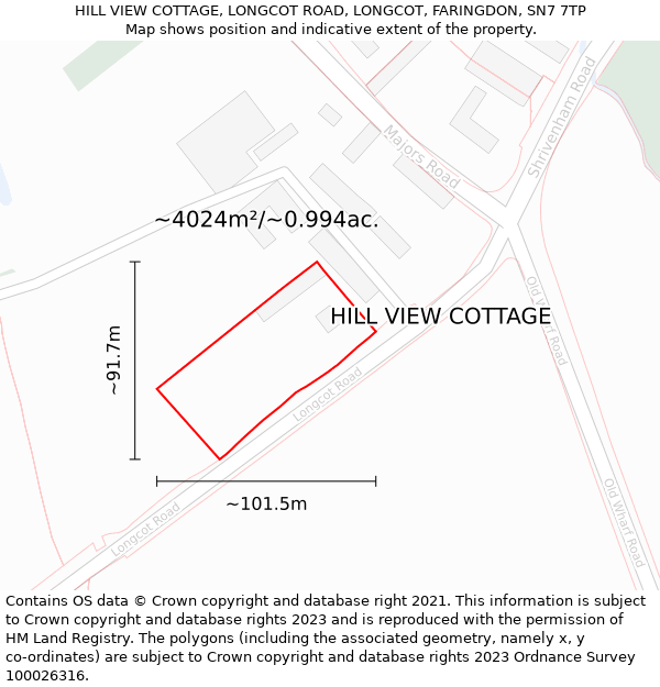 HILL VIEW COTTAGE, LONGCOT ROAD, LONGCOT, FARINGDON, SN7 7TP: Plot and title map