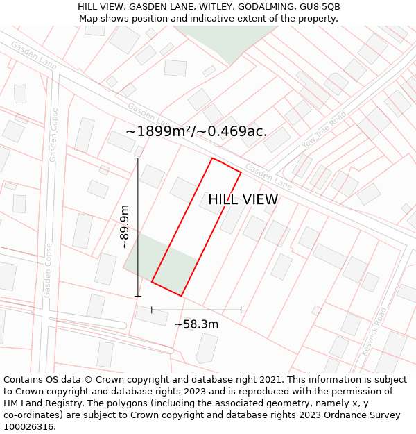 HILL VIEW, GASDEN LANE, WITLEY, GODALMING, GU8 5QB: Plot and title map