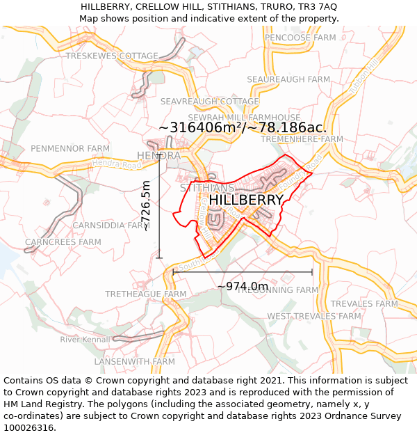 HILLBERRY, CRELLOW HILL, STITHIANS, TRURO, TR3 7AQ: Plot and title map