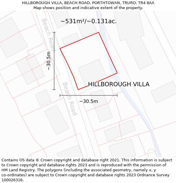 HILLBOROUGH VILLA, BEACH ROAD, PORTHTOWAN, TRURO, TR4 8AA: Plot and title map