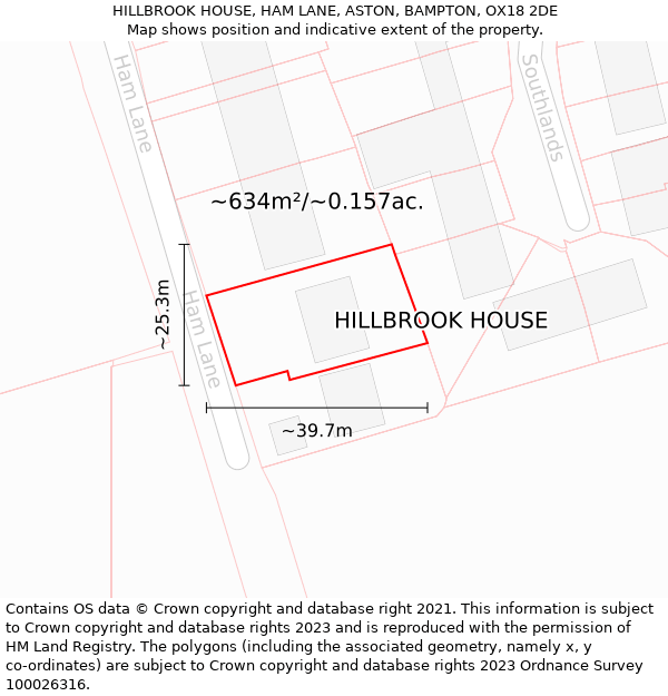 HILLBROOK HOUSE, HAM LANE, ASTON, BAMPTON, OX18 2DE: Plot and title map