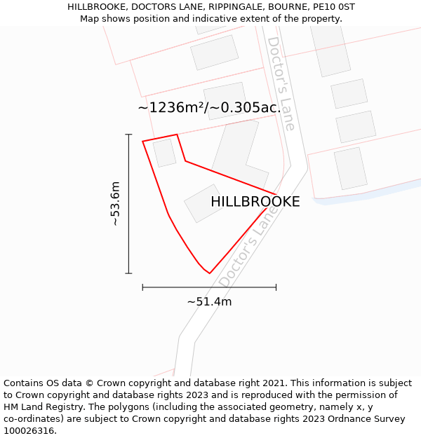 HILLBROOKE, DOCTORS LANE, RIPPINGALE, BOURNE, PE10 0ST: Plot and title map