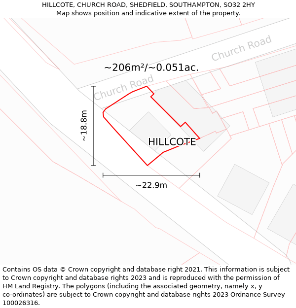 HILLCOTE, CHURCH ROAD, SHEDFIELD, SOUTHAMPTON, SO32 2HY: Plot and title map