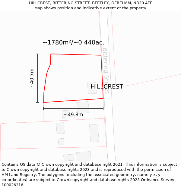 HILLCREST, BITTERING STREET, BEETLEY, DEREHAM, NR20 4EP: Plot and title map