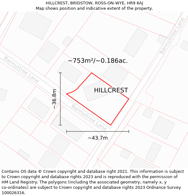 HILLCREST, BRIDSTOW, ROSS-ON-WYE, HR9 6AJ: Plot and title map