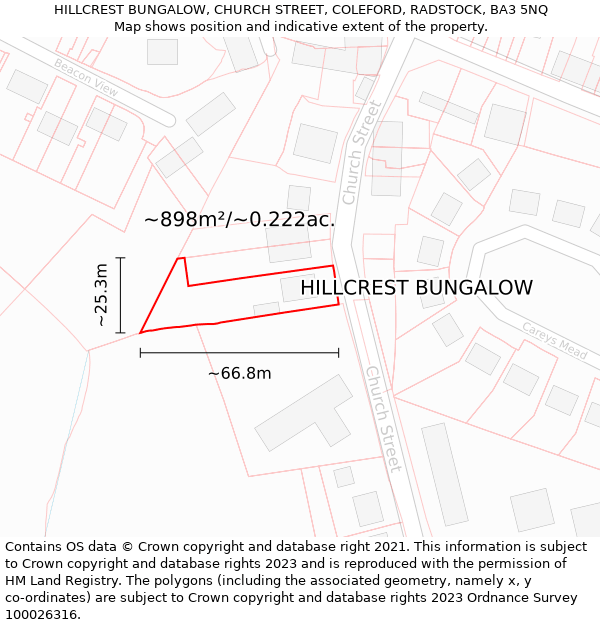 HILLCREST BUNGALOW, CHURCH STREET, COLEFORD, RADSTOCK, BA3 5NQ: Plot and title map