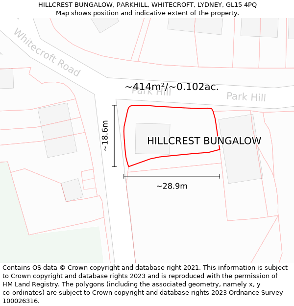 HILLCREST BUNGALOW, PARKHILL, WHITECROFT, LYDNEY, GL15 4PQ: Plot and title map