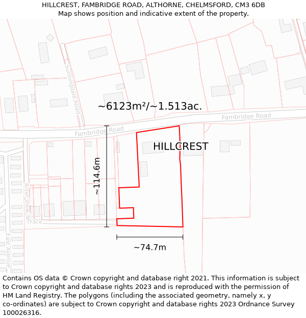 HILLCREST, FAMBRIDGE ROAD, ALTHORNE, CHELMSFORD, CM3 6DB: Plot and title map