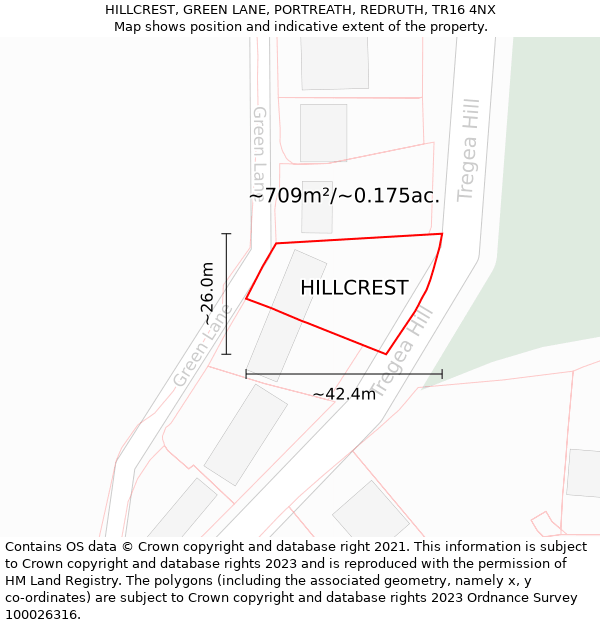 HILLCREST, GREEN LANE, PORTREATH, REDRUTH, TR16 4NX: Plot and title map
