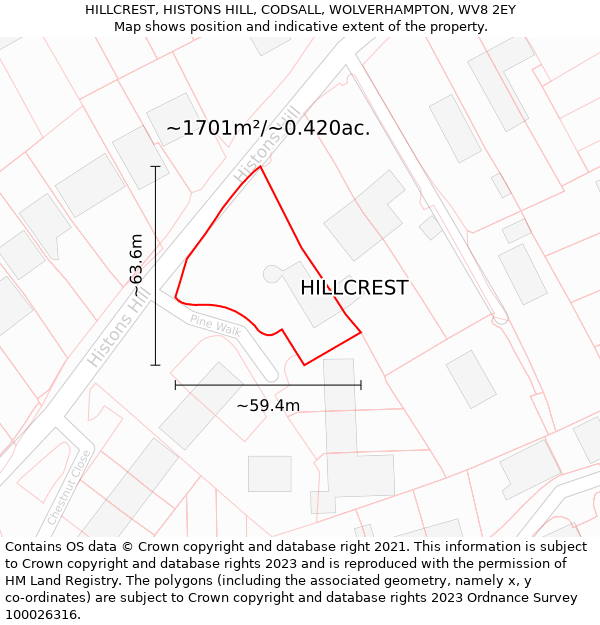 HILLCREST, HISTONS HILL, CODSALL, WOLVERHAMPTON, WV8 2EY: Plot and title map