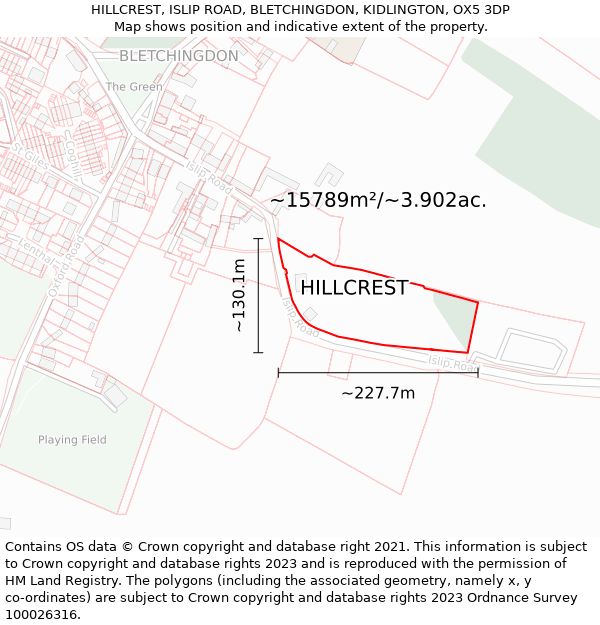 HILLCREST, ISLIP ROAD, BLETCHINGDON, KIDLINGTON, OX5 3DP: Plot and title map