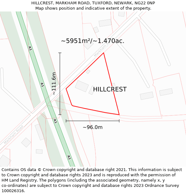 HILLCREST, MARKHAM ROAD, TUXFORD, NEWARK, NG22 0NP: Plot and title map
