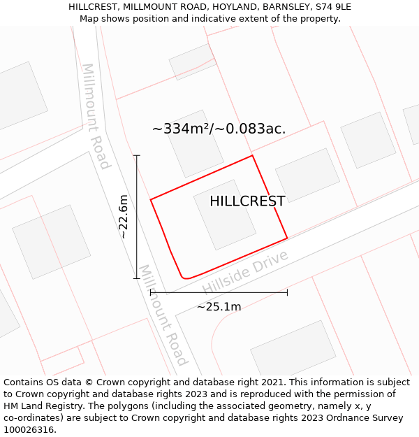 HILLCREST, MILLMOUNT ROAD, HOYLAND, BARNSLEY, S74 9LE: Plot and title map