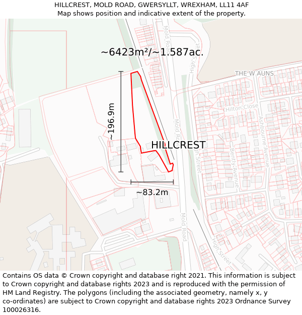 HILLCREST, MOLD ROAD, GWERSYLLT, WREXHAM, LL11 4AF: Plot and title map