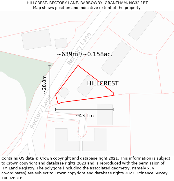 HILLCREST, RECTORY LANE, BARROWBY, GRANTHAM, NG32 1BT: Plot and title map